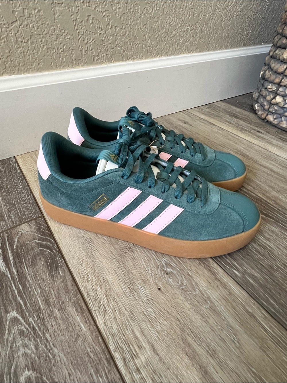 adidas Women Teal Suede Sneakers with Pink Stripes and Gum Sole